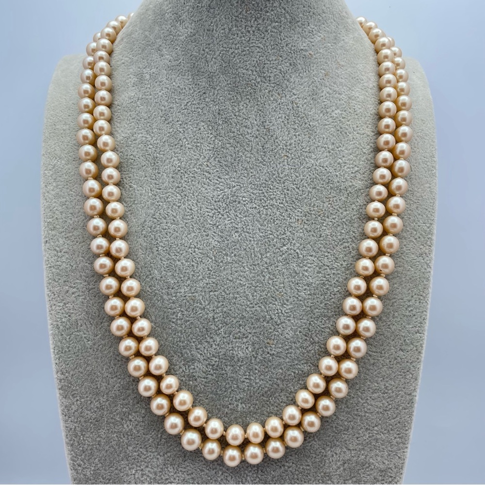 Vintage Double Strand 24” Long Champagne Pearl Necklace Floral Crystal Box Clasp